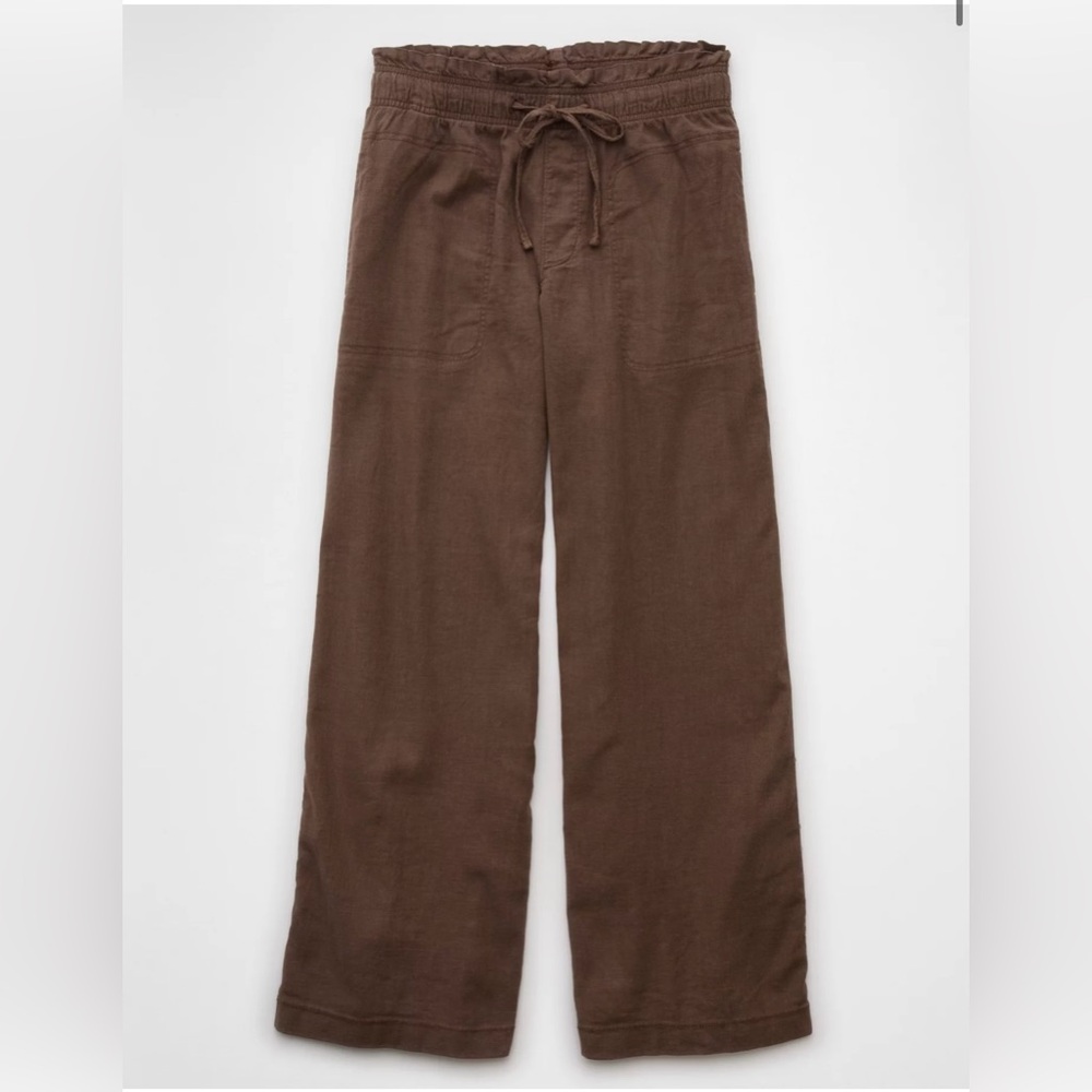 American Eagle Dreamy Drape Brown Linen-Blend Pants — L